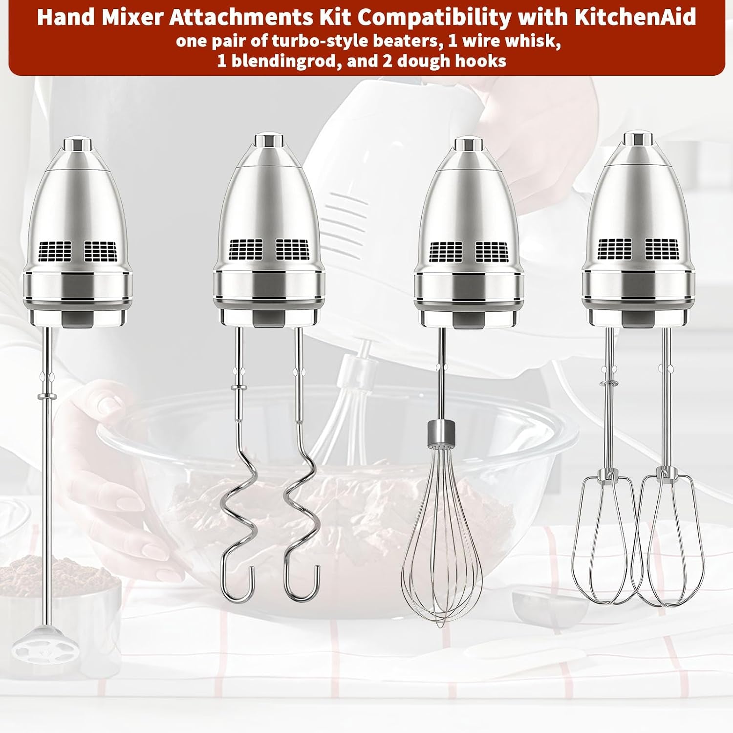 Hand Mixer Beater Attachments for Kitchenaid Set of 6 | Including Turbo Beater, Pro Whisk, Dough Hooks, Blending Rod Compatible with KHM512 KHM6118 KHM7210 KHM926