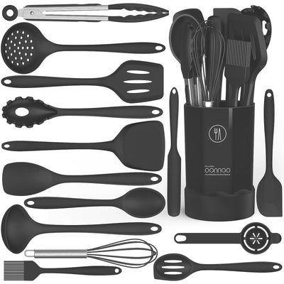 Silicone Cooking Utensils Set - Heat Resistant Kitchen Utensils BPA Free,Turner Tongs,Spatula,Spoon,Brush,Whisk,Kitchen Utensil Gadgets Tools Set for Nonstick Cookware,Dishwasher Safe (Gray)