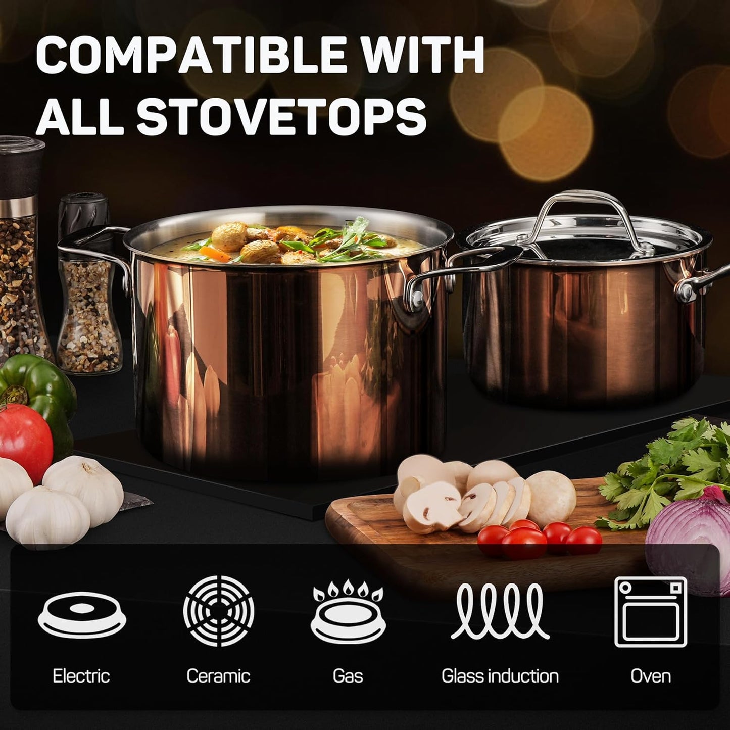 Ciwete Whole Tri-Ply 18/10 Stainless Steel Cookware Set, 10 Pcs Elegant Copper Pots and Pans Set, Induction Cookware, Frying Pans, Saucepans & Stock Pot with Lid, Ideal Gift for Wedding, Housewarming