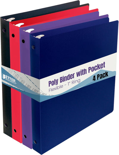 Better Office Products Flexible 3 Ring Poly Binder with Pocket, 1 Inch, Letter Size, 4 Pack-Red, Blue, Purple, and Black