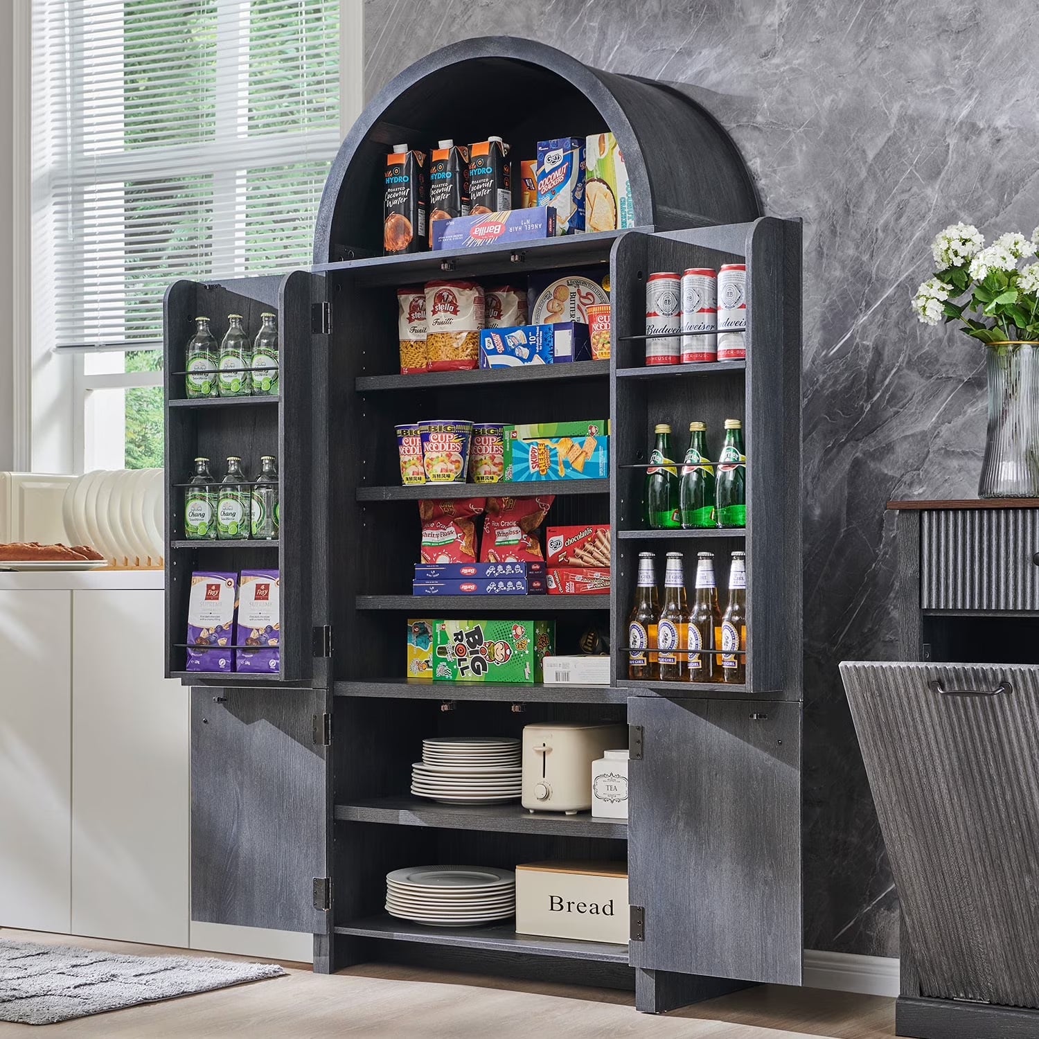 Sincido Arched Pantry Storage Cabinet with 4 Fluted Wood Doors, 71" Modern Kitchen Organizer with 6 Doors Shelves & Adjustable Shelves, Versatile Cupboard for Kitchen Dining Room