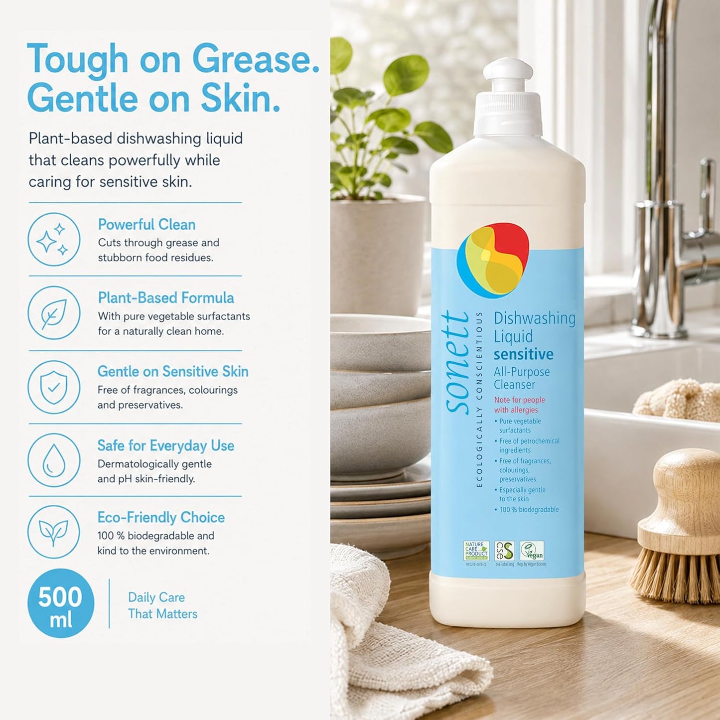 Sonett Organic Sensitive Line: Hand Soap, Dishwashing Liquid, Laundry Liquid for Wool & Silk, Foam Soap - Eco-Friendly, Hypoallergenic, Biodegradable
