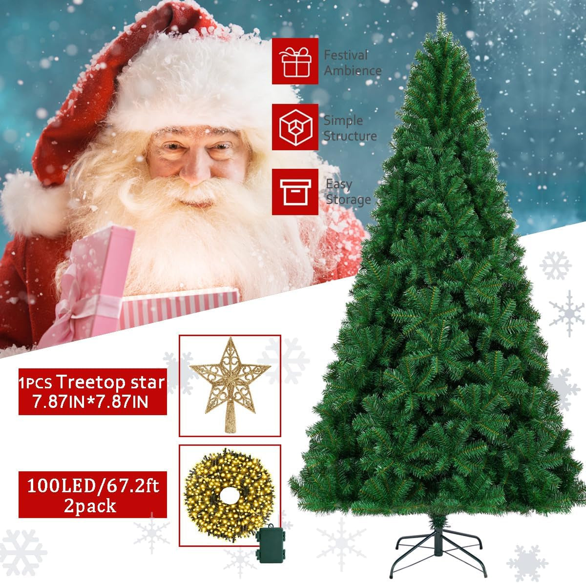 KTKDE 7.5Ft Artificial Christmas Tree Is a Green One with 1450 Tips and 200 Battery-Powered LED Columns. It Features 7.87-Inch Golden Five Pointed Star and Is Perfect for Family and Office Gatherings