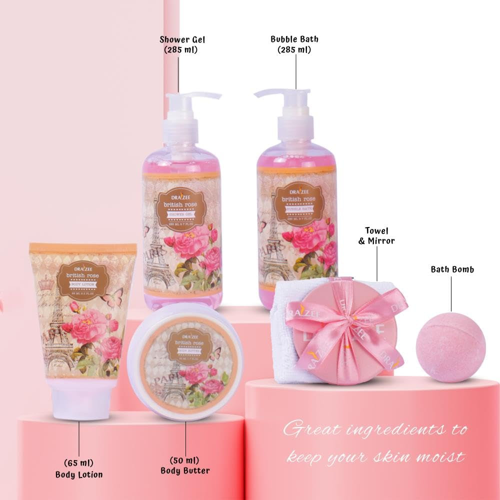 Draizee Heel Shoe Spa Gift Basket for Women, 8 Pc British Rose Scented | Spa Gift Set, Luxury Self Care Kit for Mom, Relaxing Bath and Body Set, Home Spa Gifts for Her
