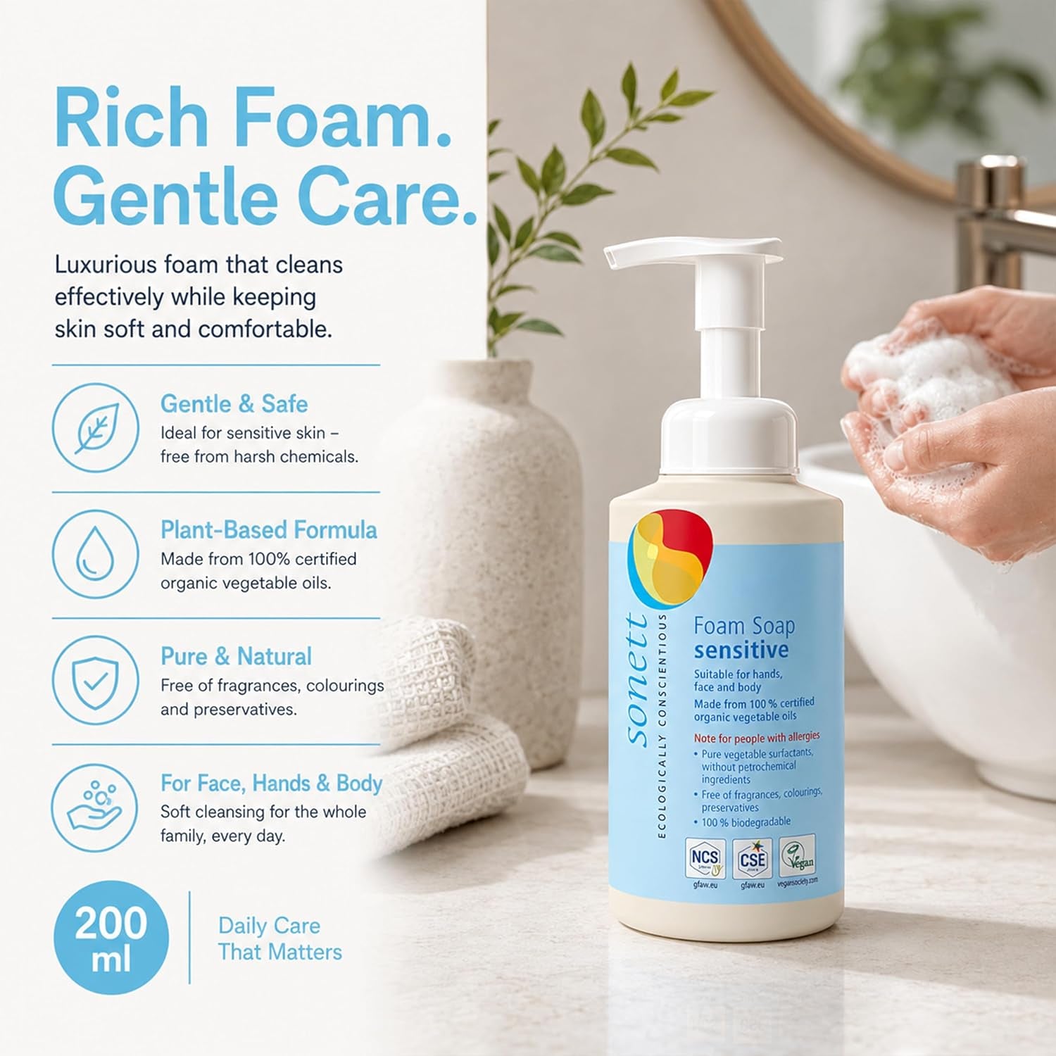 Sonett Organic Sensitive Line: Hand Soap, Dishwashing Liquid, Laundry Liquid for Wool & Silk, Foam Soap - Eco-Friendly, Hypoallergenic, Biodegradable