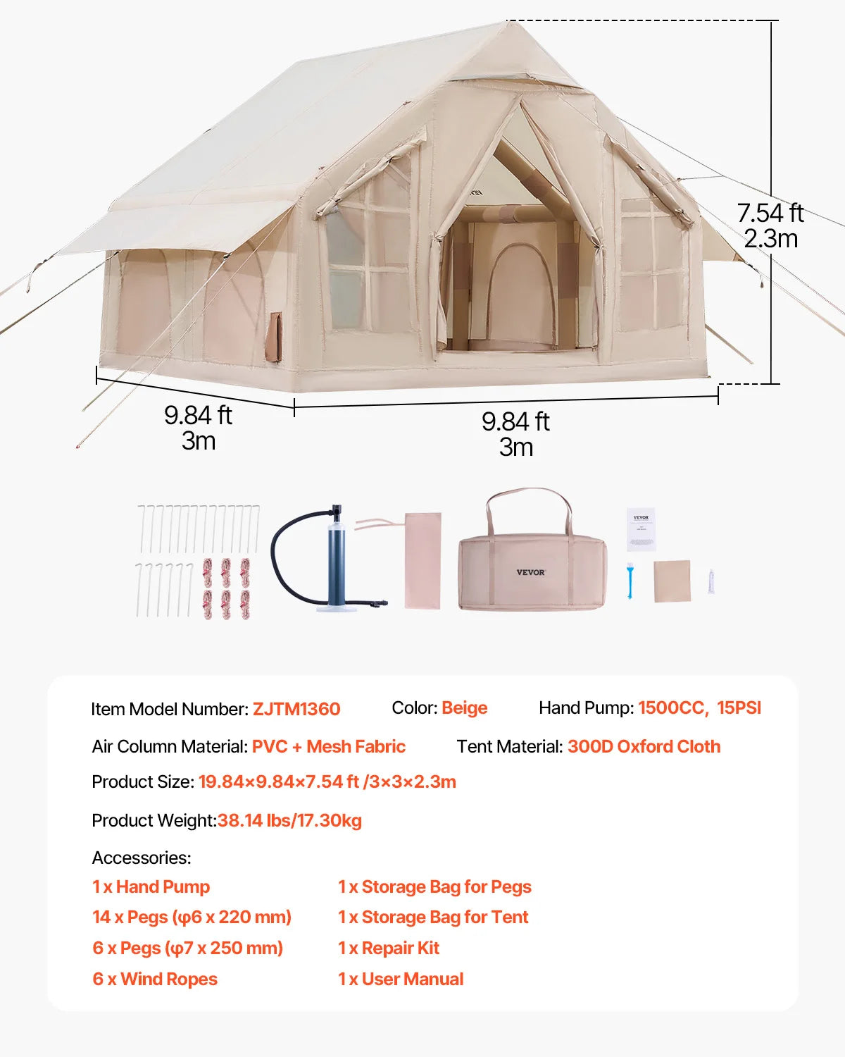 Inflatable Tents for Camp Easy Setup Blow up Tent with Hand Pump 300D Oxford Tent with Stove Jack Storage Bag Included