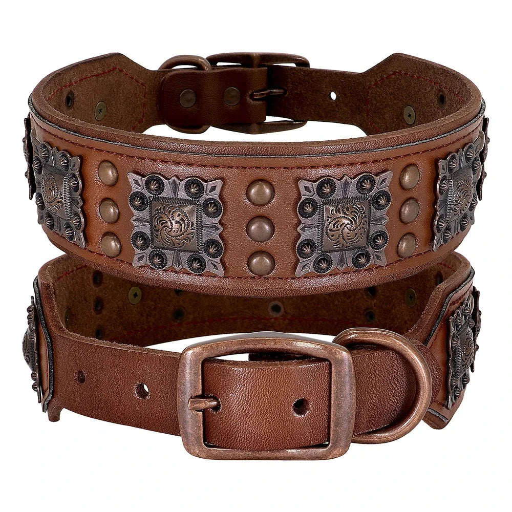 Cool Spiked Dog Collar for Medium Large Dogs Genuine Leather Pitbull Bulldog Adjustable Pet Accessories Collars Necklace (L)
