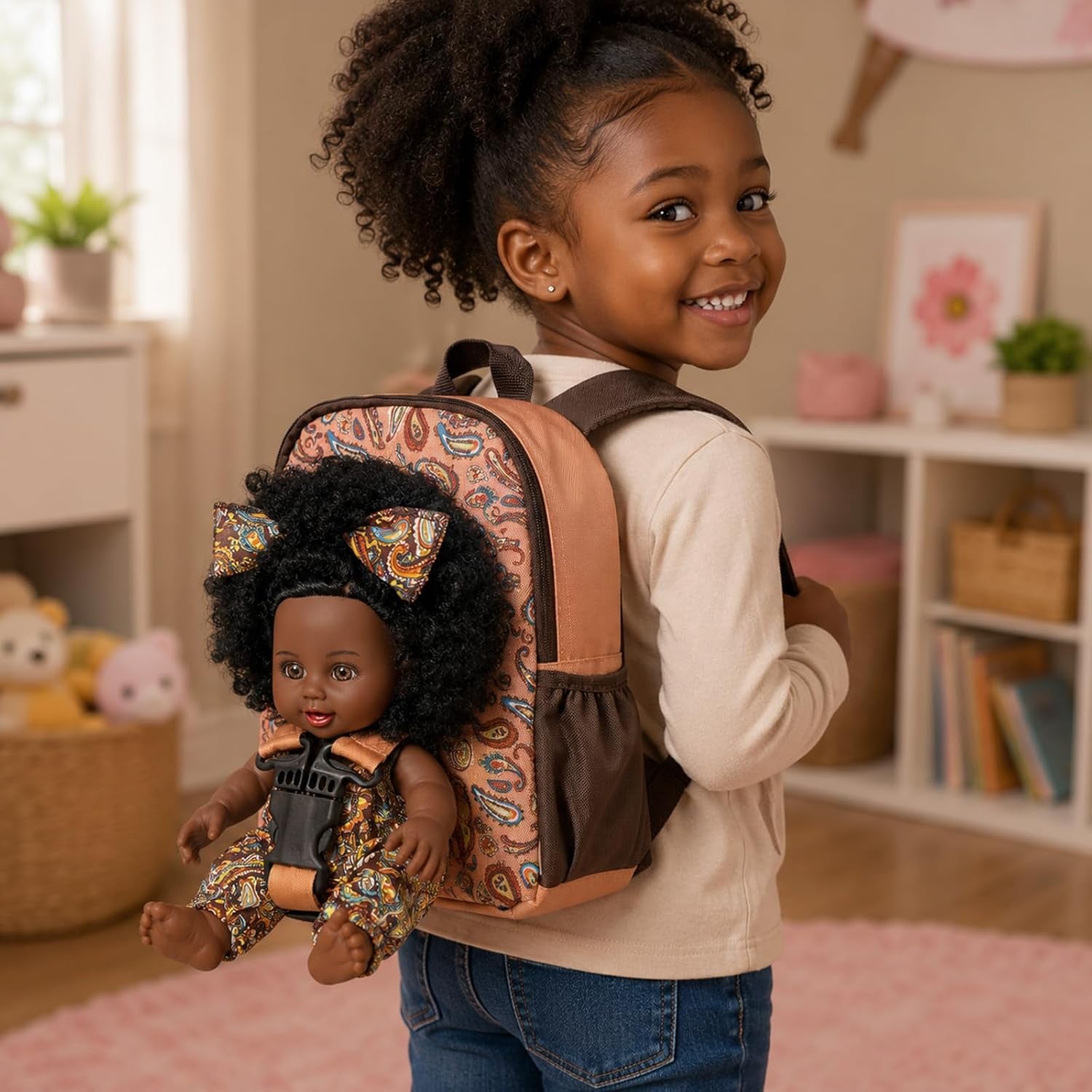 Nice2You Black Baby Doll in Take along Backpack Carrier, 10In American African Girl Doll for Toddlers and Kids Aged 3+ Year Old, Backpack for Baby Doll Accessories Storage