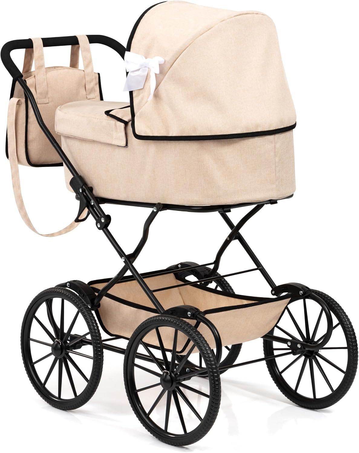 Bayer Design Vintage Doll Pram, Classic Baby Stroller with Bag, Beige | Elegant 18 Inch Carriage with Large Smooth-Rolling Wheels, Foldable Frame, Under-Basket, and Protective Fabric Cover