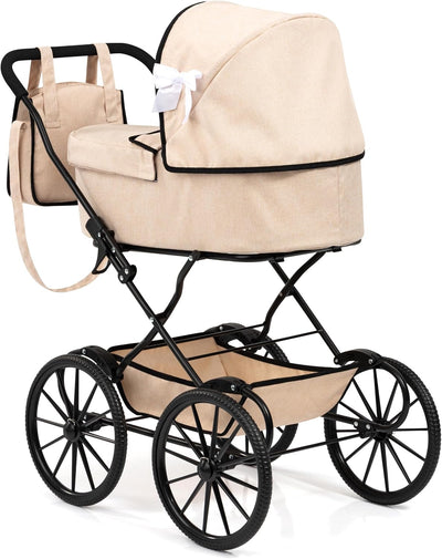 Bayer Design Vintage Doll Pram, Classic Baby Stroller with Bag, Beige | Elegant 18 Inch Carriage with Large Smooth-Rolling Wheels, Foldable Frame, Under-Basket, and Protective Fabric Cover