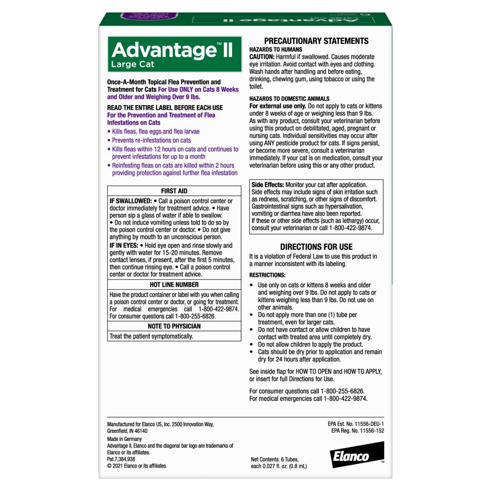 Advantage II Vet-Recommended Flea Prevention for Large Cats 9 Lbs+, 6-Monthly Treatments