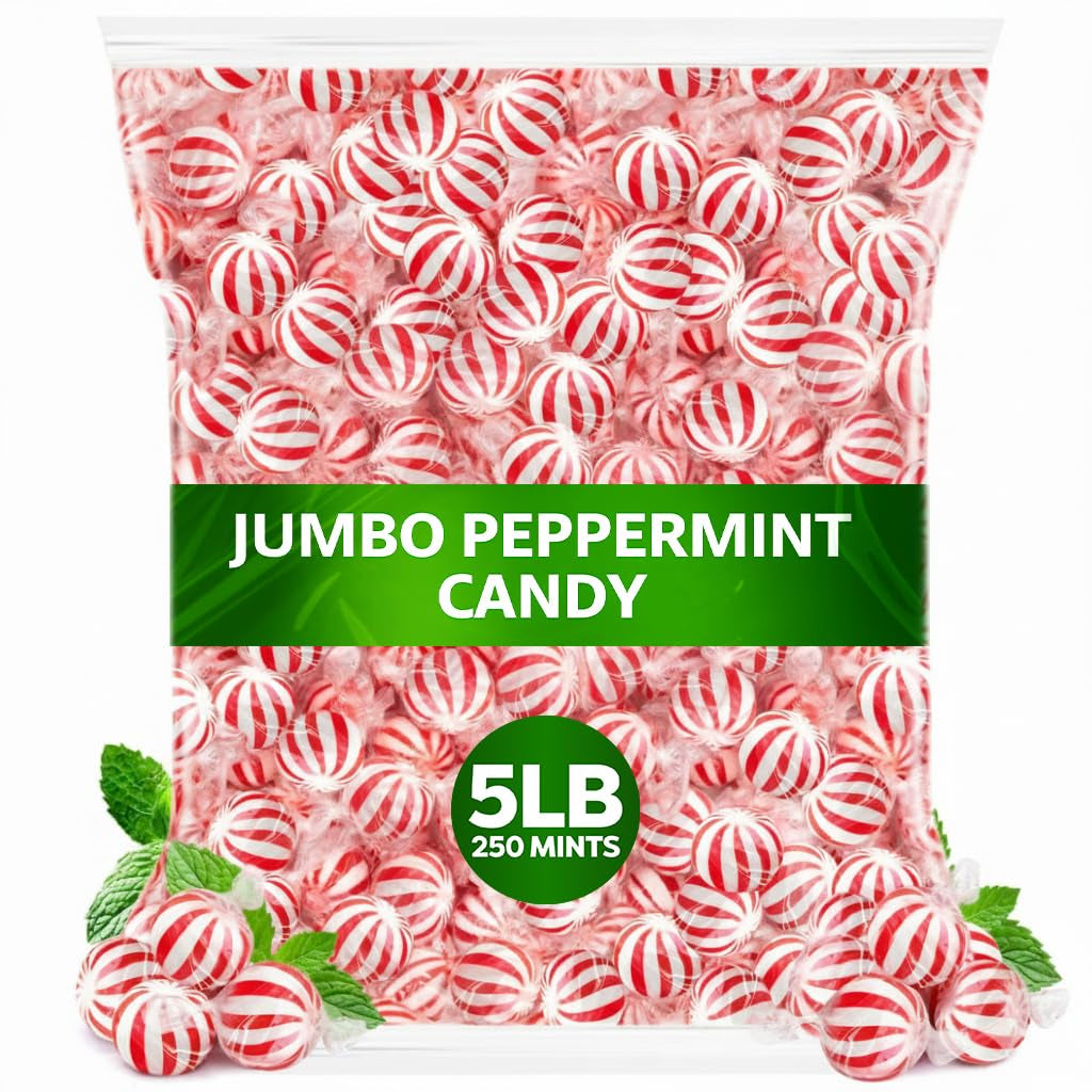 Peppermint Hard Candy 5 Pound Bulk Jumbo Peppermint Candy Balls, Approx 250 Individually Wrapped Mint Balls for Office Bowls, Christmas Candy Jars, and Holiday Party Favors