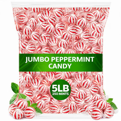 Peppermint Hard Candy 5 Pound Bulk Jumbo Peppermint Candy Balls, Approx 250 Individually Wrapped Mint Balls for Office Bowls, Christmas Candy Jars, and Holiday Party Favors
