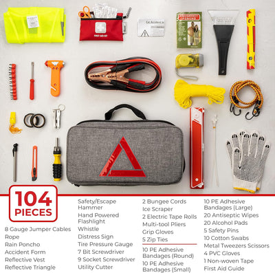 Thrive Emergency Car Kits for Vehicles - Roadside Emergency Car Kit (104 Pieces) - Car Kits for Emergency - Roadside Car Kit with Jumper Cables and Mini First Aid Kit - Gray Bag