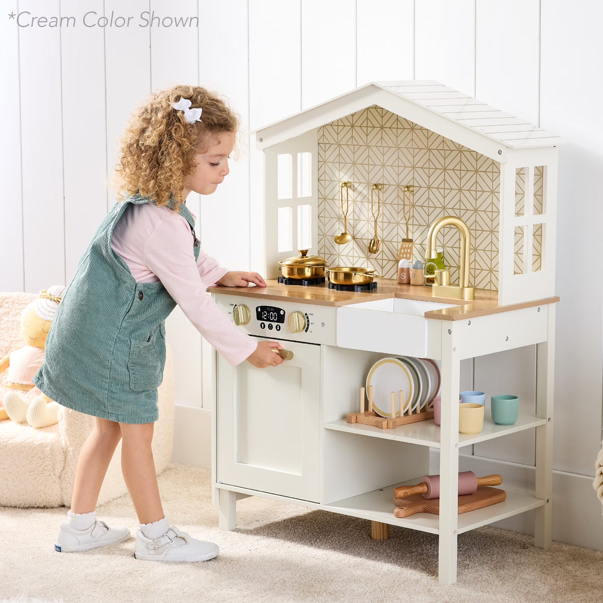 Best Choice Products Pretend Play Wooden Farmhouse Kitchen Set W/ Storage, Clicking Knobs, 5 Accessories - Rose