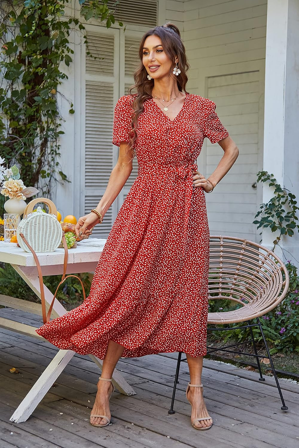PRETTYGARDEN Women'S Summer Floral Boho Maxi Dress Short Sleeve Wrap V Neck Ruffle Long Flowy Beach Wedding Guest Dresses