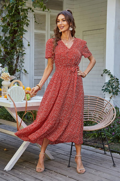 PRETTYGARDEN Women'S Summer Floral Boho Maxi Dress Short Sleeve Wrap V Neck Ruffle Long Flowy Beach Wedding Guest Dresses