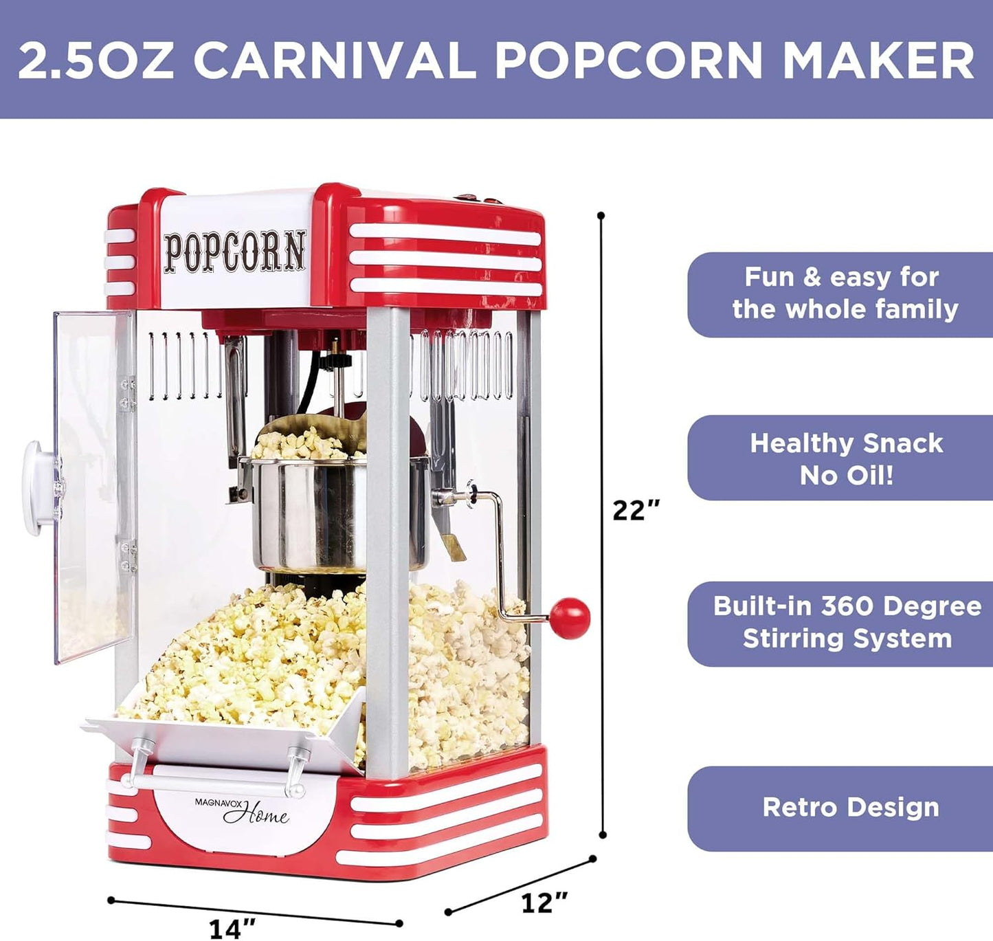 MAGNAVOX HOME MHPM0250, Popcorn Maker Machine, Movie Theater/Cinema Style with 2-Sided Serving Scoop. 2.5 Ounce, Red