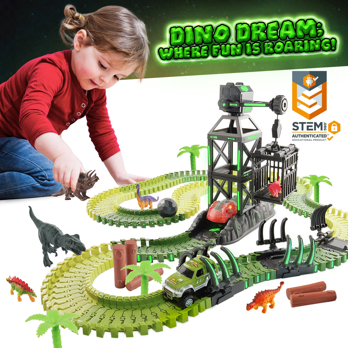 USA Toyz Dinosaur Race Track STEM Playset 225 Pieces Summer Toy for Kids Ages 3+