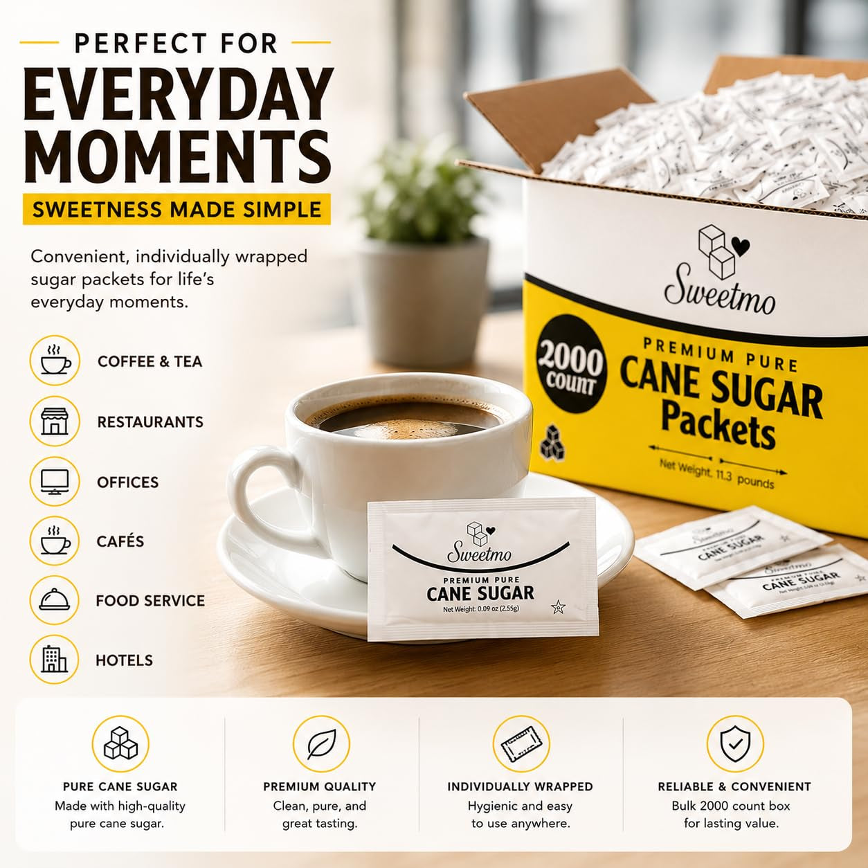 Sweetmo Sugar Packets 2000 Count – Pure Cane White Granulated Sugar Packets, Individual Wrapped, Bulk Packets for Coffee, Restaurants, Office, Cafés & Food Service