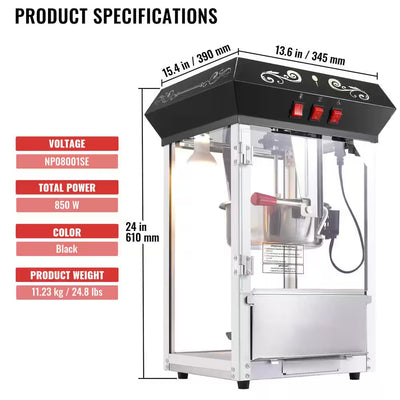 Popcorn Maker, 850 W Popcorn Popper Machine, 8 Oz. Kettle Makes 48-Cups per Batch, Countertop Popcorn Machine, Black