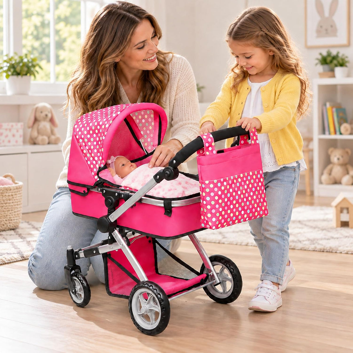 Fash N Kolor Foldable Pram for Baby Doll with Polka Dots Design with Swiveling Wheel Adjustable Handle