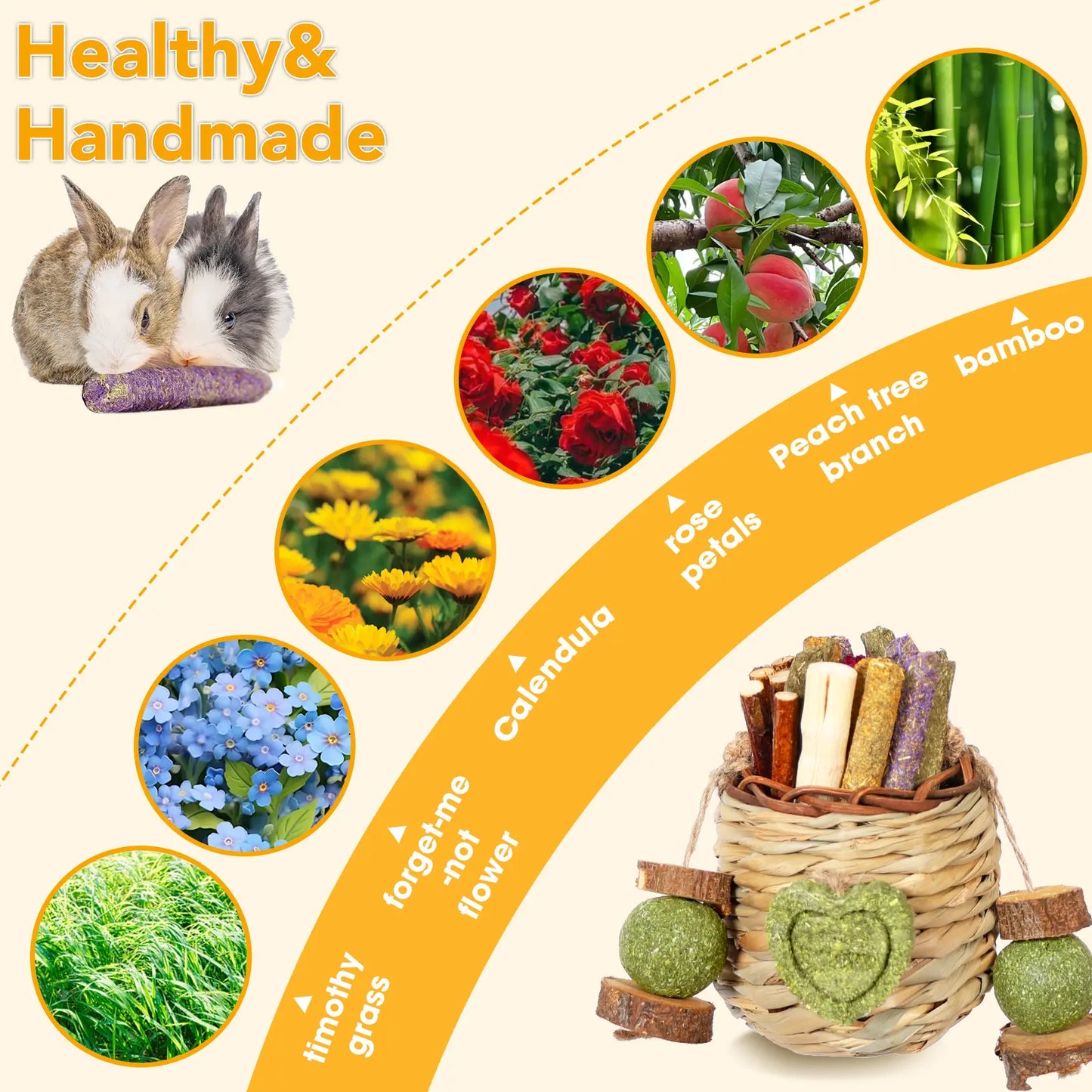 Rabbit Chew Toys Hanging Basket with Sweet Bamboo Timothy Hay Peach Sticks for Bunny Chinchillas Guinea Pigs Hamsters Rats Teeth Grinding Pets