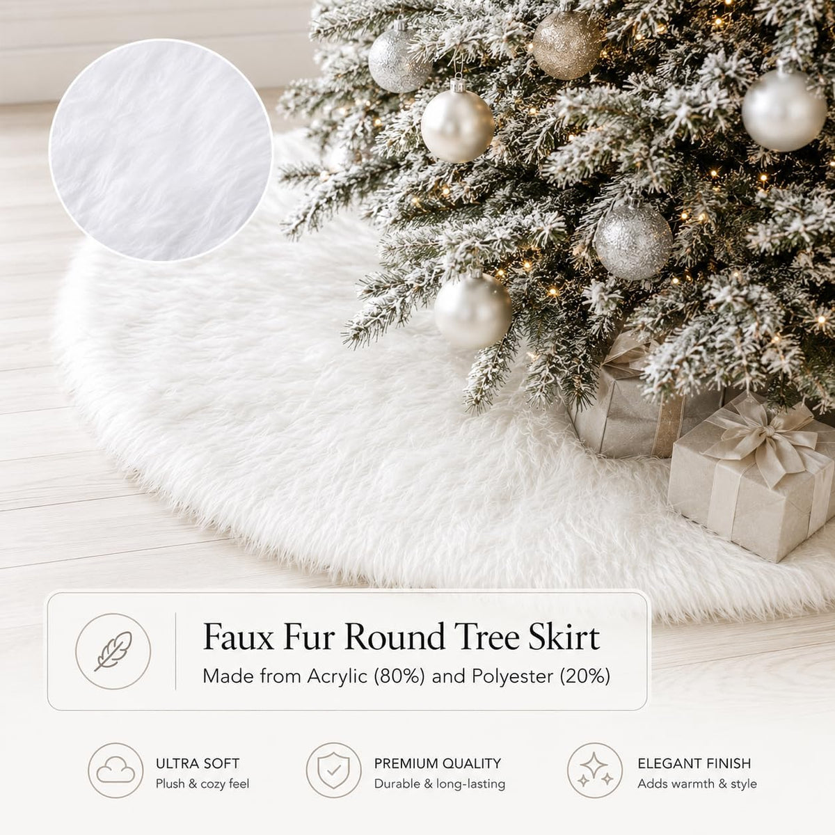 Christmas Tree Skirt, 60” Large White Tree Skirts with Soft Faux Fur Plush for Christmas Tree Decorations, White Christmas Tree Skirts Xmas Decorations for Indoor Holiday Party Decor