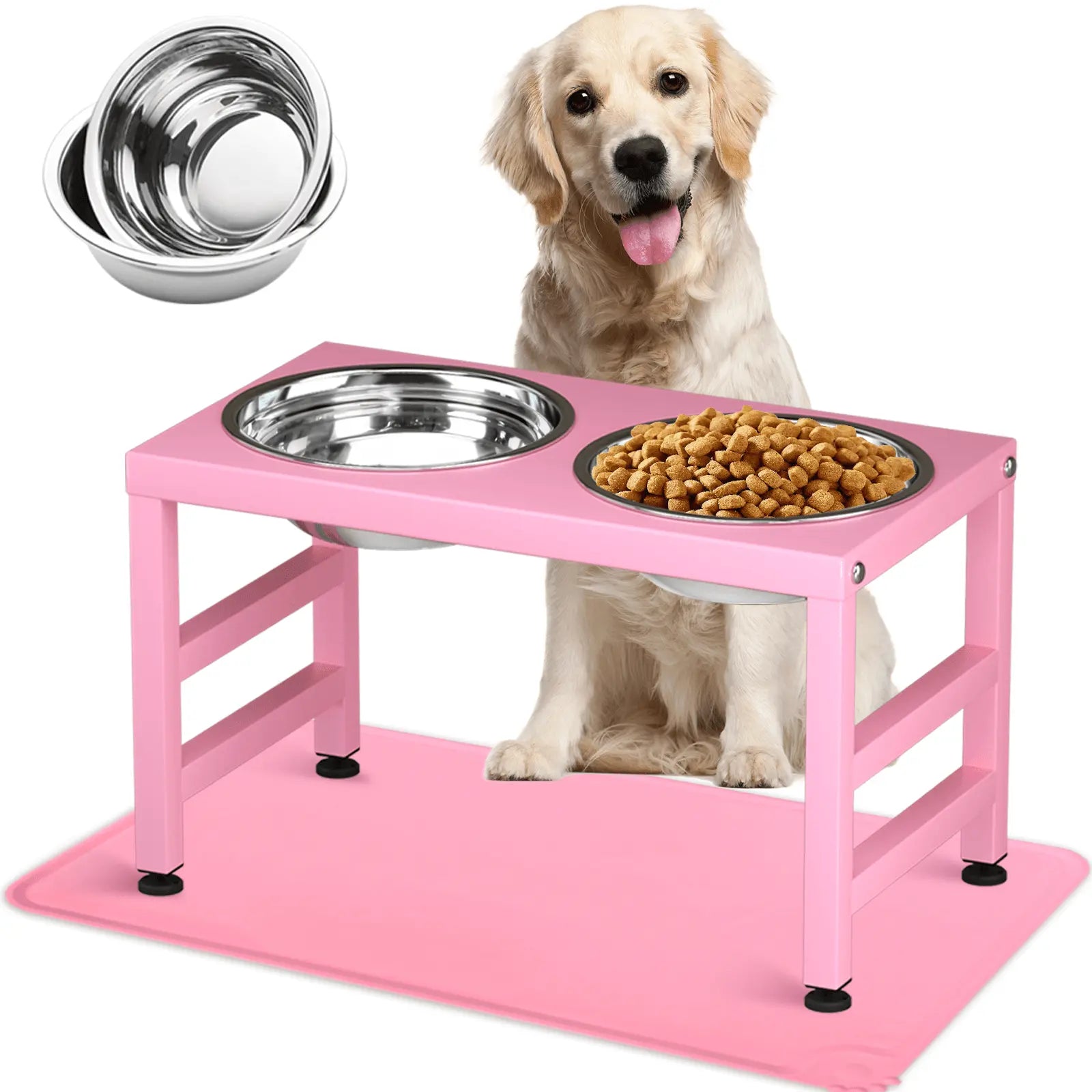 Metal Raised Dog Bowl Stand for Large and Medium Dogs, Strong Elevated Dog Bowls with a Silicone Mat,Pink Dog Food & Water Bowls ,10In Tall Dog Feeder Elevated Bowl