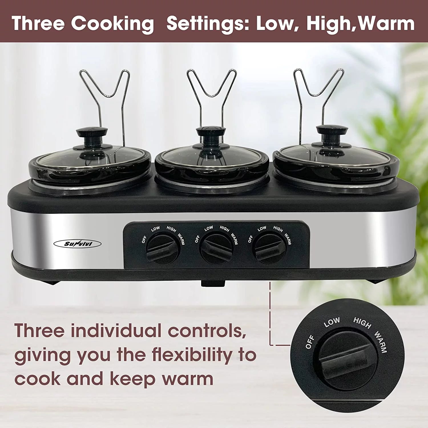 Superjoe Triple Slow Cooker, 3X1.5 Quart Electric Slow Cooker Buffet Server, Food Warmer Cooking Pot, Adjustable Temp Removable Ceramic Pots Lid Rests