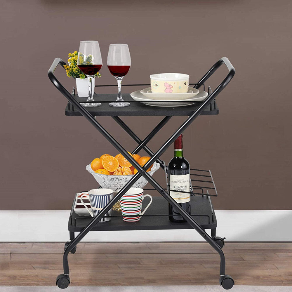 2-Tier Rolling  Cart With Wine Rack, Lockable Wheel Multi-Functional Storage Rack For Bar Office And Kitchen