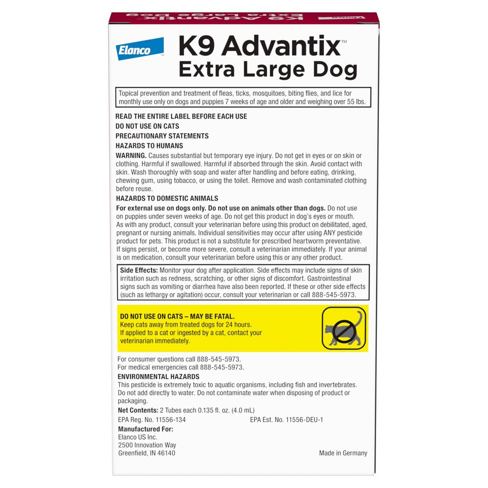 K9 Advantix Flea, Tick & Mosquito Prevention for Extra Large Dogs over 55 Lbs, 2-Montly Treatments