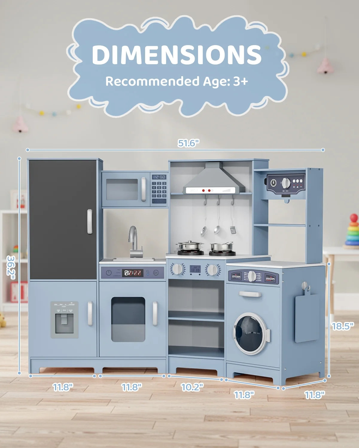 Arlopu Kids Corner Play Kitchen, Ultimate Interactive Wooden Kitchen Playset with Lights & Sounds, Cooking Toy Set with Stove, Range Hood, Sink, Faucet, Ice Maker & Washing Machine