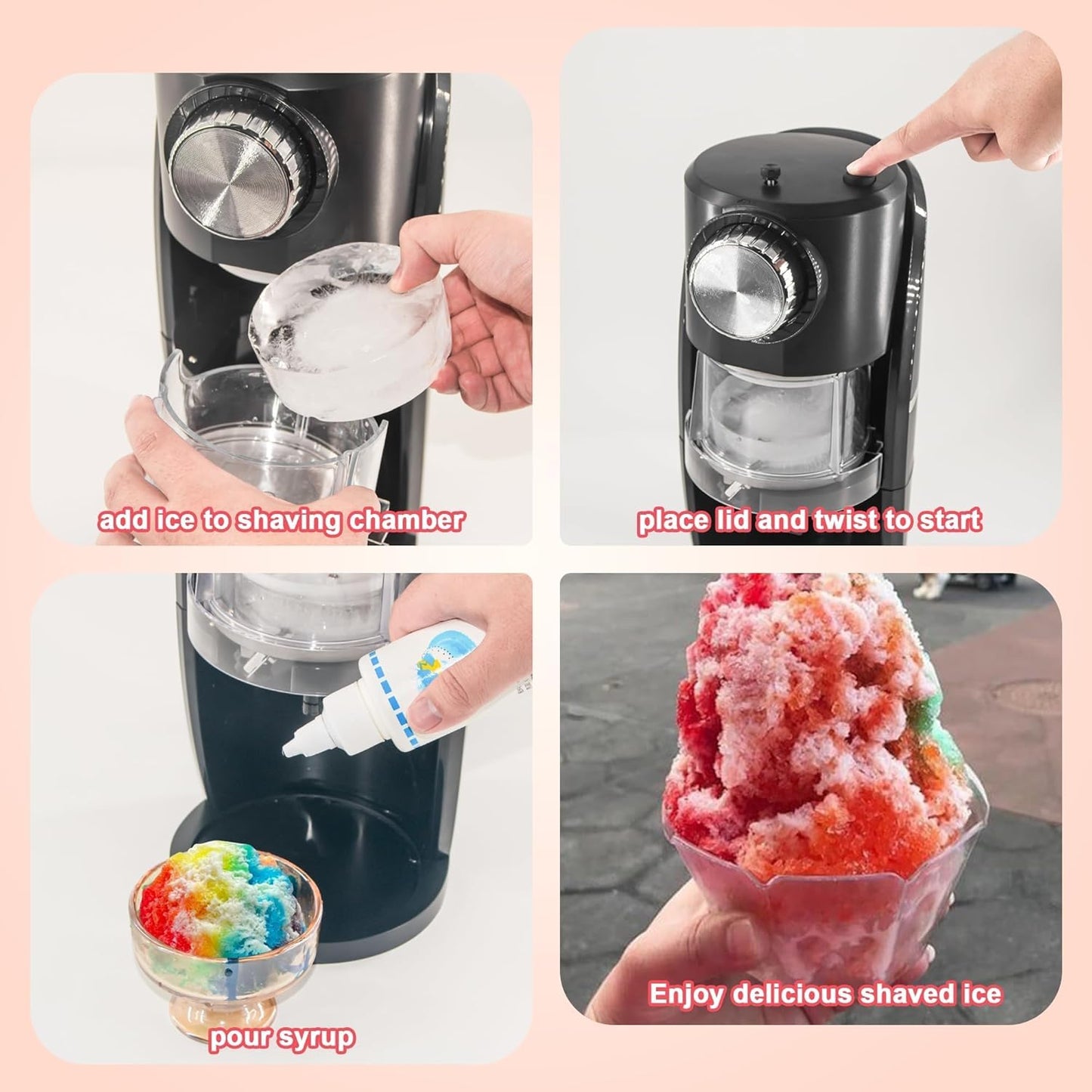 Shaved Ice Machine - Snow Cone Machine Equipped with Stainless Steel Blade Adjustment Knob to Freely Adjust the Thickness of the Snowflakes and 2 Reusable Plastic Ice Mold Cup