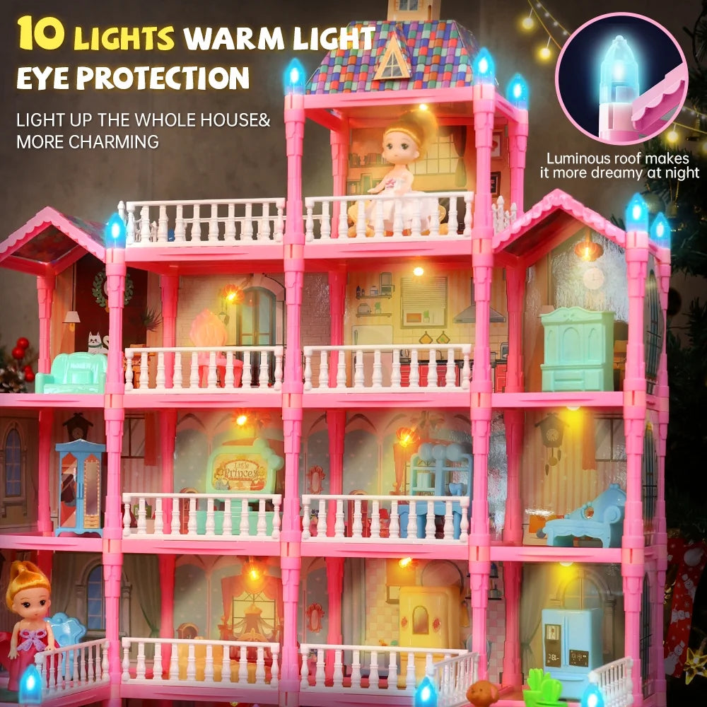 Joystone Doll House for Girls, 5-Story 19 Rooms Huge Dollhouse Playset with LED Lights, 2 Dolls, Furnitures, Accessories, DIY Pretend Play House Toys Gifts for Kids, Pink