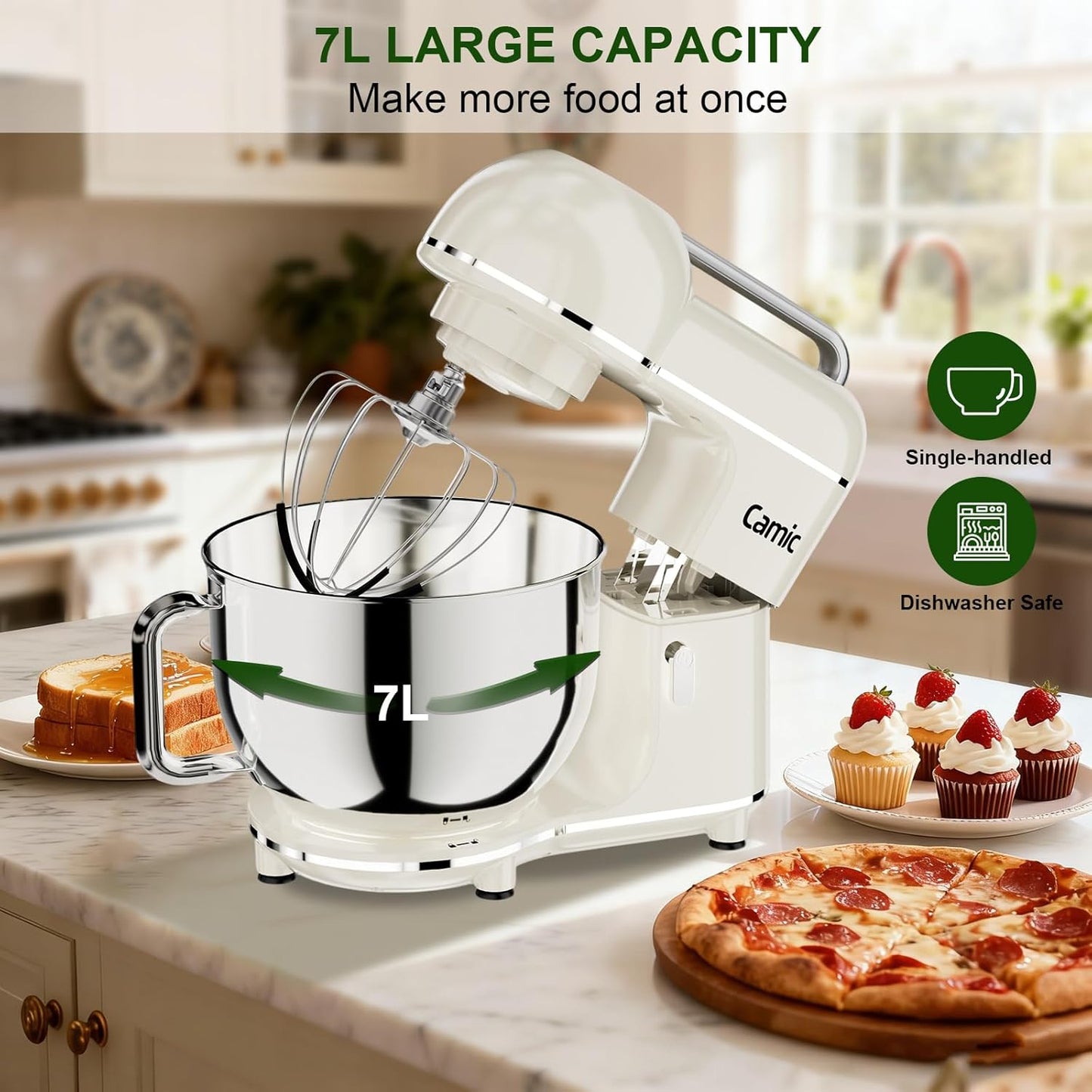 Camic Electric Stand Mixer,7.45 QT,10 Speeds with Dough Hook,Whisk, Flat Beater Attachments, Splash Guard, Easy-Carry Top Handle,3-In-1 Kitchen Mixer for Baking Cakes Cookie Bread Salad (White)
