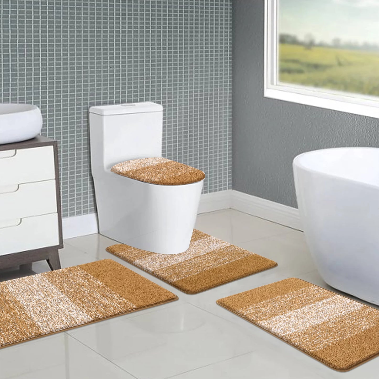 Ileading Traditional 4 Piece Microfiber Washable Bathroom Rug Set