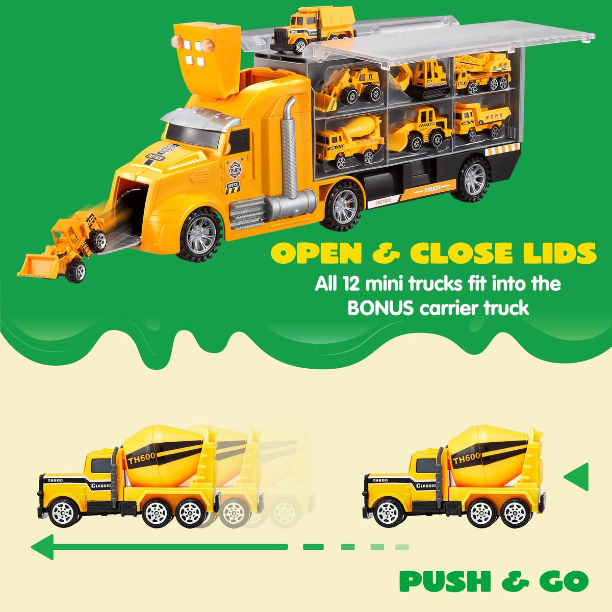 Joyfy 25 in 1 Die-Cast Construction Big Truck Toys,Car Transporter Storage Truck with Sounds and Lights, Great Christmas Birthday Gifts for Toddlers Kids Boys & Girls
