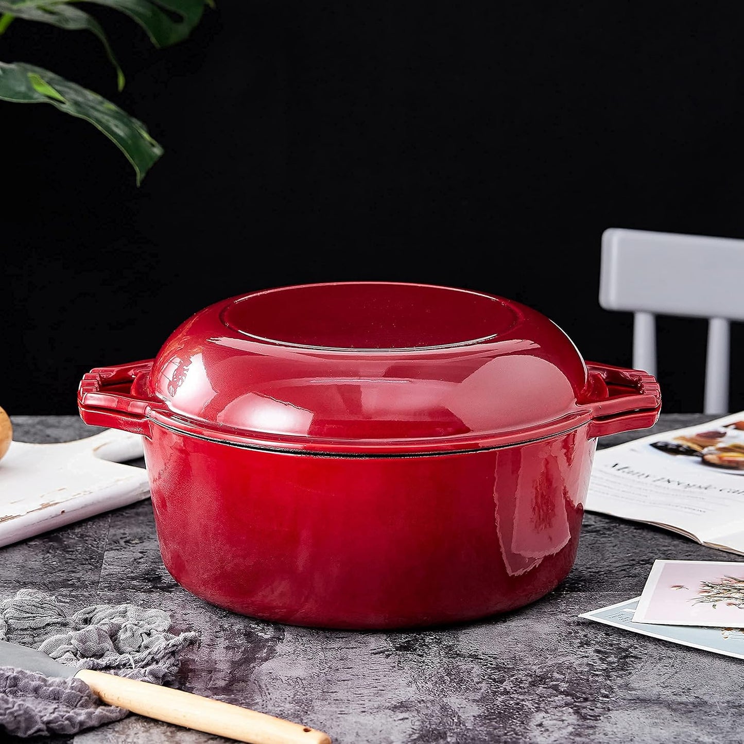 Bruntmor 7 Quart Dutch Oven Pot with Lid - 2-In-1 Oval Cast Iron Enamel Cookware with Skillet Top - Enameled Dutch Oven for Bread, Baking, Stews, Roasting - Heat Resistant up to 500°F - Red Finish