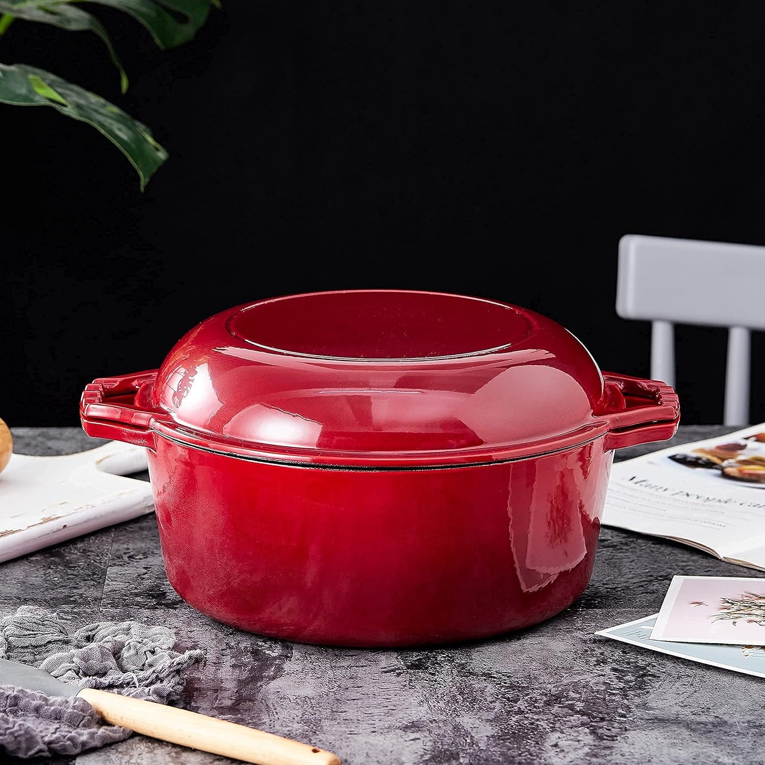 Bruntmor 7 Quart Dutch Oven Pot with Lid - 2-In-1 Oval Cast Iron Enamel Cookware with Skillet Top - Enameled Dutch Oven for Bread, Baking, Stews, Roasting - Heat Resistant up to 500°F - Red Finish