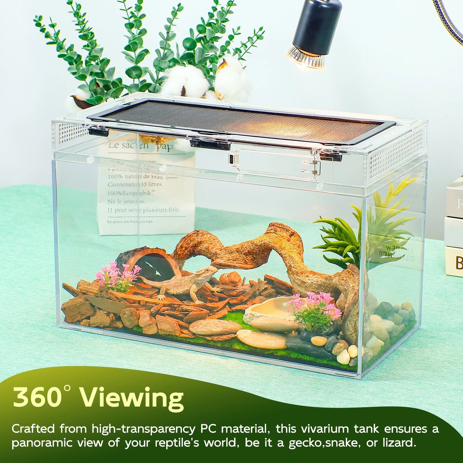 Gecko Tank & Reptile Terrarium Kit with Heat Lamp, Spray Bottle, Tools & Hideout - Perfect Habitat for Lizards, Snakes, Turtles, Hermit Crabs, Frogs, Jumping Spiders 12.5X6X7 Inch