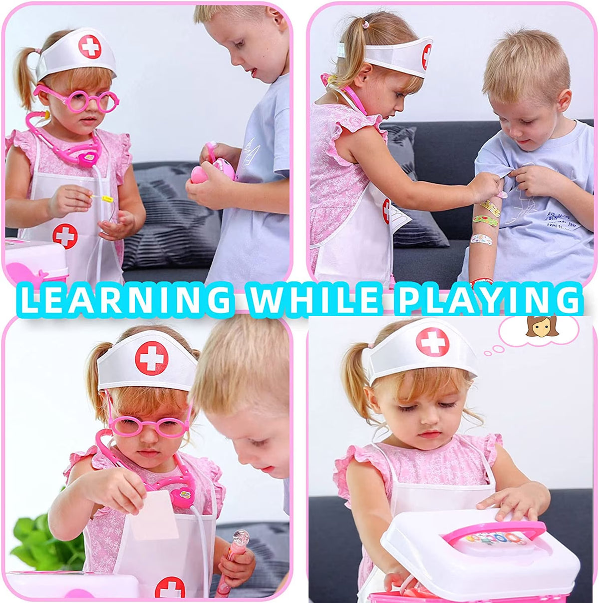 Nimjoy Kids Toy Doctor Kit for Girls 3-6 Years Boys, 41PCS Pink Toy Stethoscope & Braces Medical Kit Preschool Pretend Play Dentist Set Gift to Toddler Birthday Christmas Present