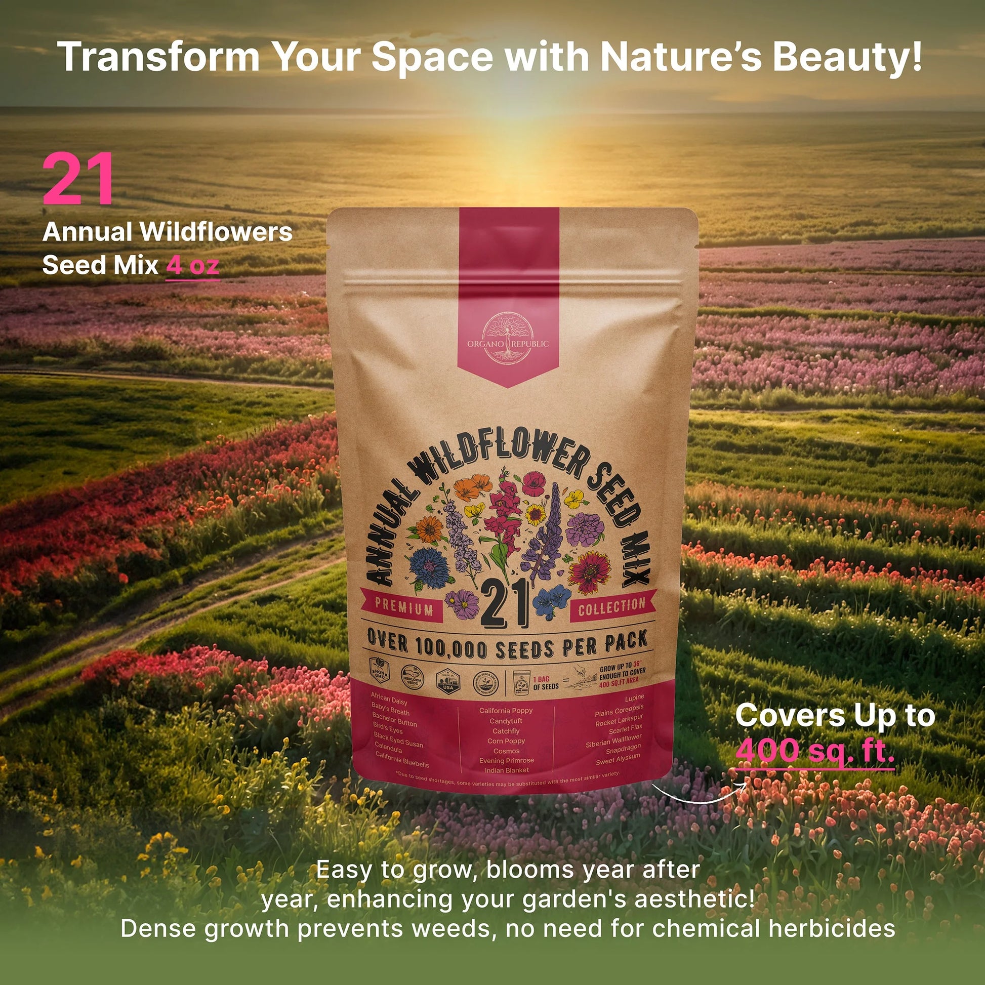 Organo Republic 21 Annual Wildflower Seeds Mix, 100,000+ Non-Gmo Heirloom Wildflower Garden Seeds