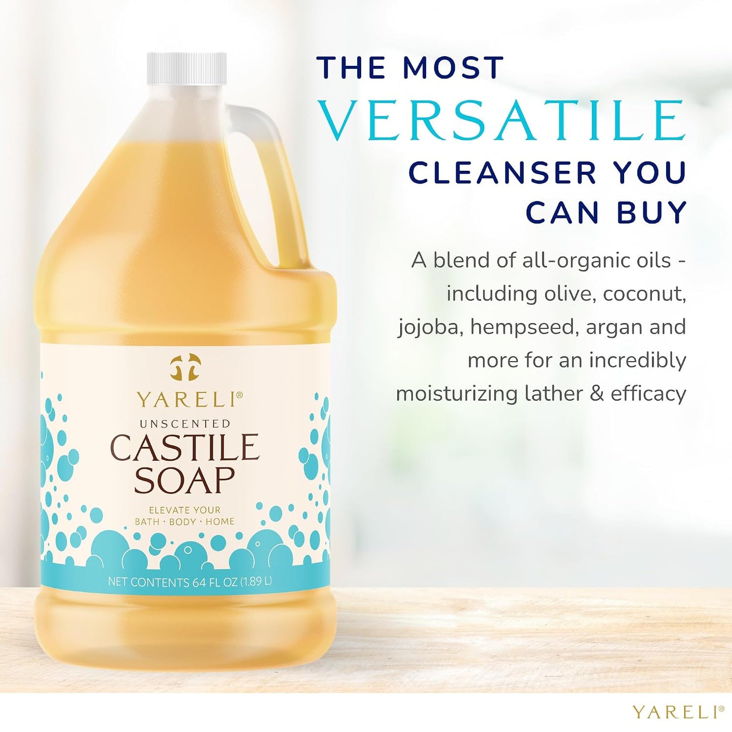 YARELI Pure Castile Soap Liquid Unscented 64Oz – Organic Oils, Fragrance-Free Body Wash, Castile Soap for Bath Body Home Laundry – Made in USA, Vegan