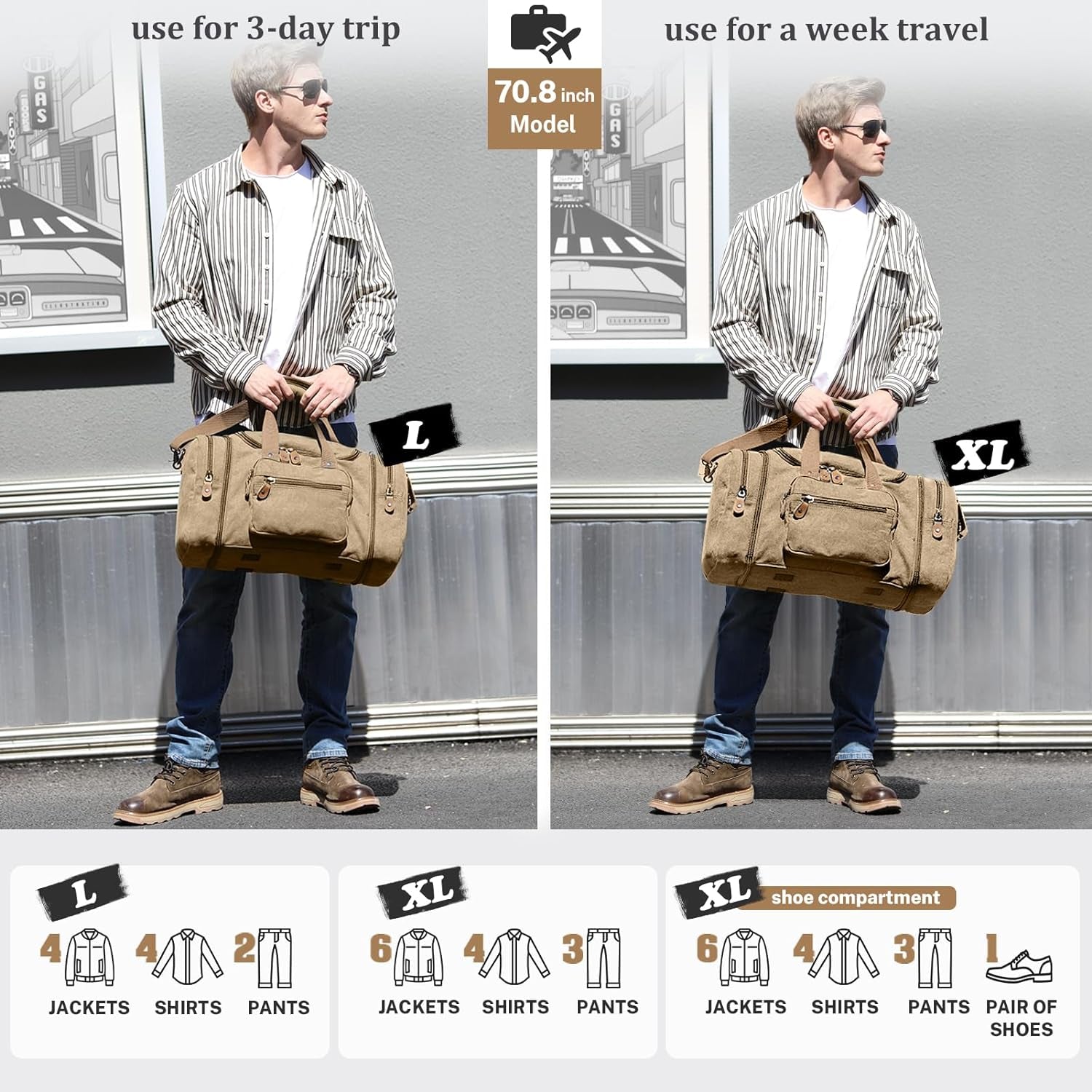 Gonex Canvas Duffle Bag for Travel 60L Duffel Overnight Weekend Bag(Coffee)
