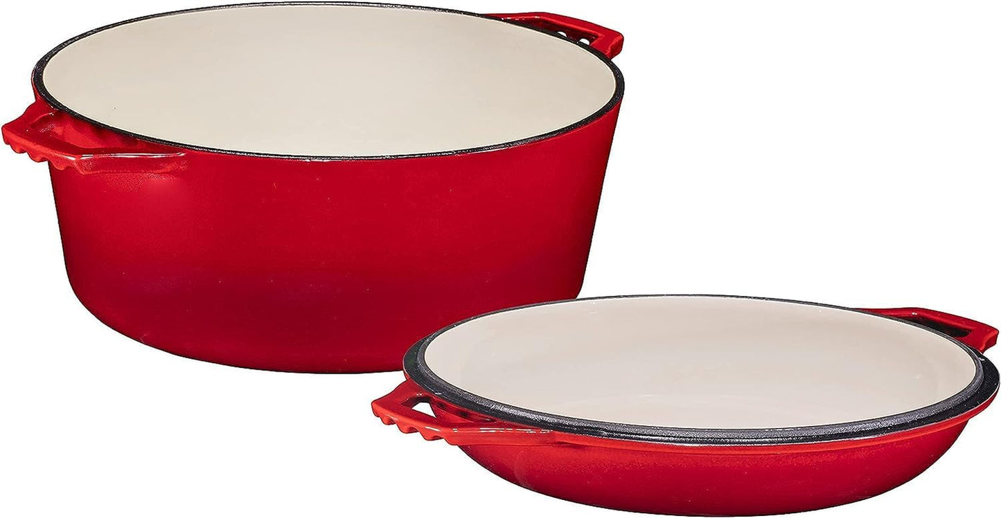Bruntmor 7 Quart Dutch Oven Pot with Lid - 2-In-1 Oval Cast Iron Enamel Cookware with Skillet Top - Enameled Dutch Oven for Bread, Baking, Stews, Roasting - Heat Resistant up to 500°F - Red Finish