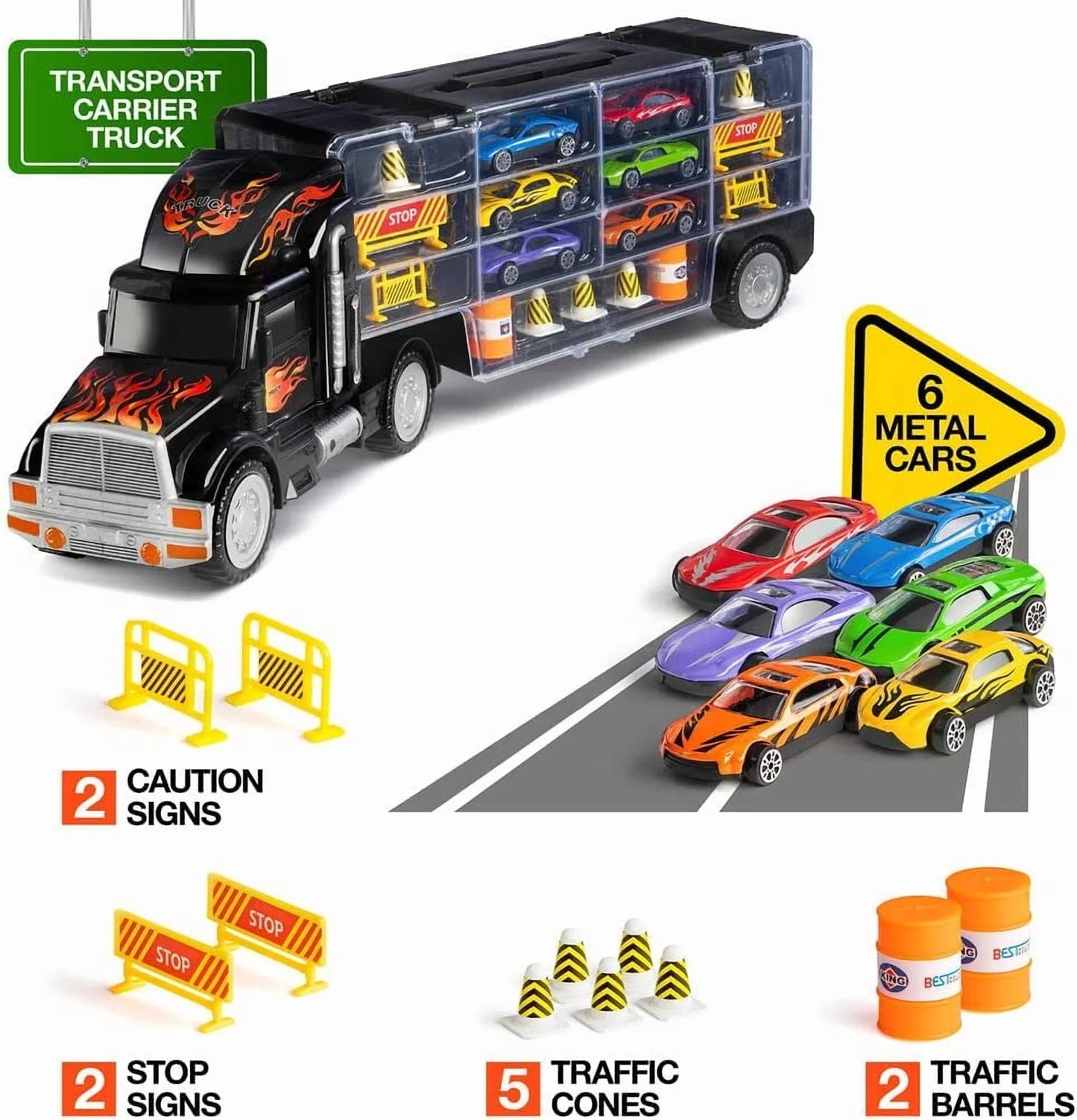 Toy Truck Transport Car Carrier - Toy Truck Includes 6 Toy Cars and Accessories - Toy Trucks Fits 28 Toy Car Slots - Great Car Toys Gift for Boys and Girls - Original by Play22Usa