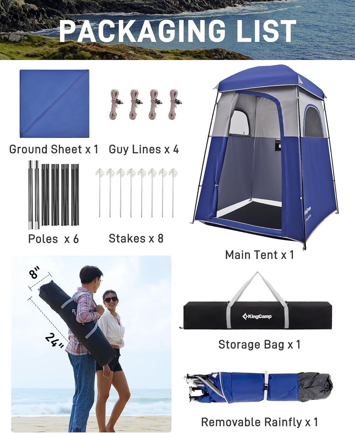 Kingcamp Shower Tent, Portable Privacy Tent Outdoor Camping 1/2 Room Toilet Tents with Shower Bag & Dressing Room for Beach, Camping & Hiking