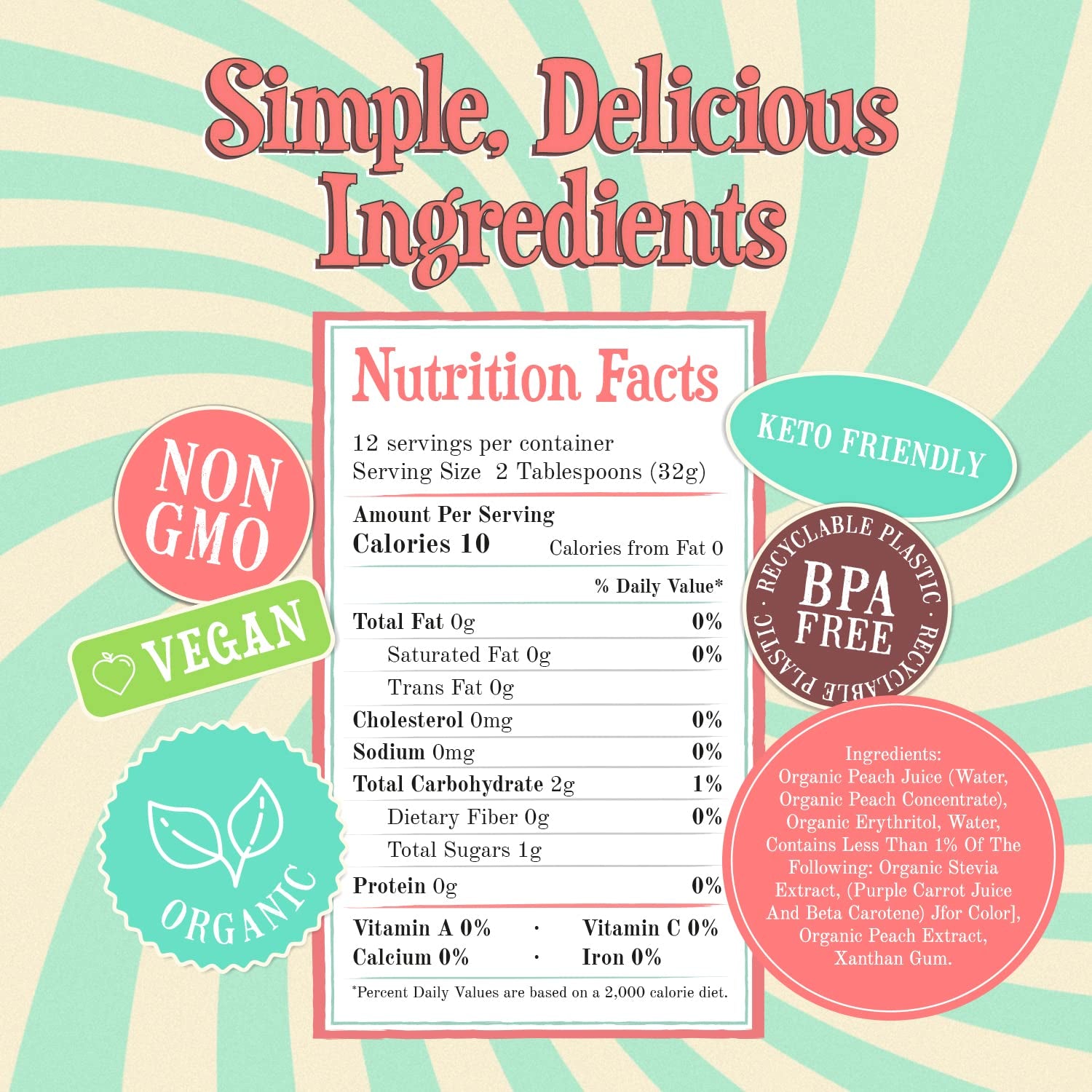 Wäbry Organic Peach Syrup No Added Sugar – 13.8Oz (390G), Sweetened with Stevia & Erythritol, Natural Fruit Syrups for Drinks, Pancakes, Shaved Ice & Ice Cream, Vegan Non-Gmo, Dye-Free Snow Cone Syrup