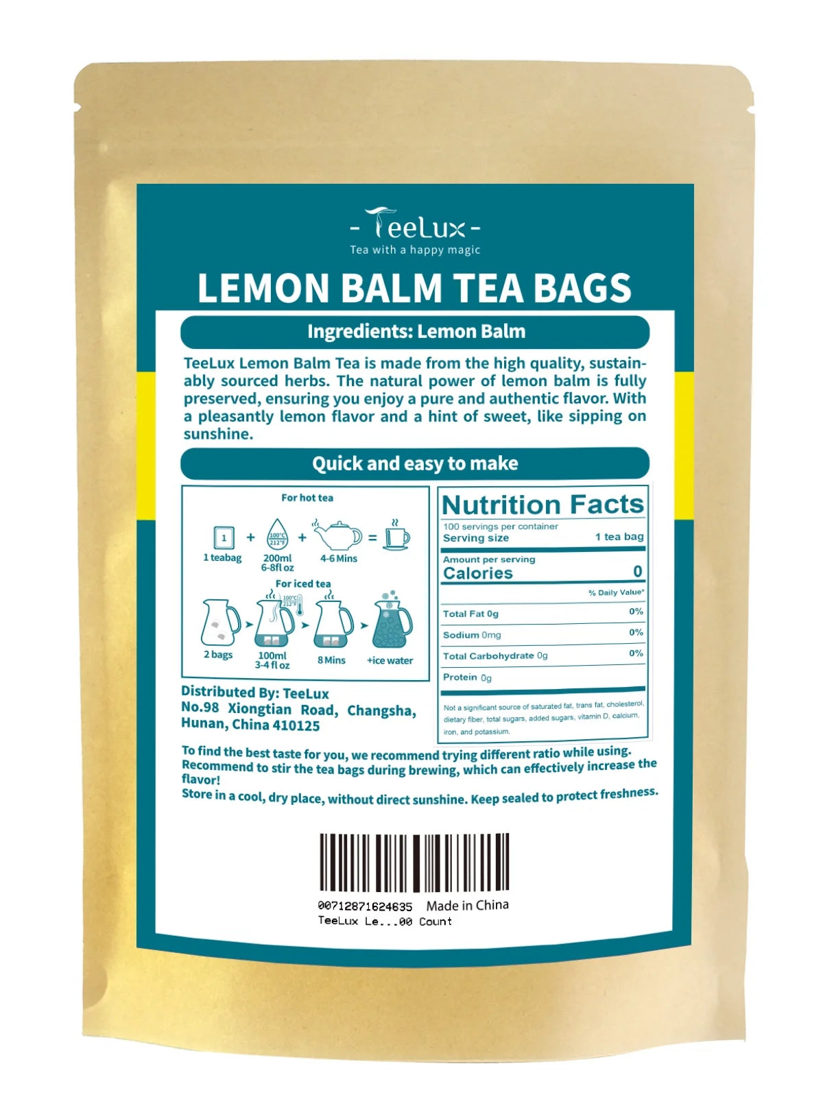Teelux Lemon Balm Tea Bags, Pure & Natural Lemon Balm Herbal Tea, Lemony & Citrusy Flavor, Caffeine Free, 100 Count